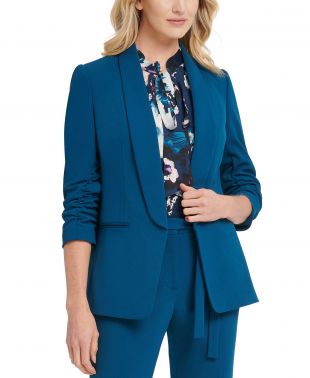 Ruched-Sleeve Open-Front Blazer
