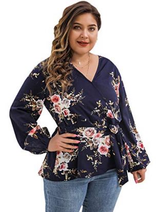 Long Sleeve Belt Tie Peplum Wrap Blouse