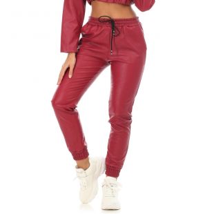 Pantalon jogger en simili cuir bordeaux