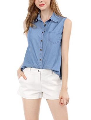 Allegra K Women's Single Breasted Sleeveless Shirt M Blue