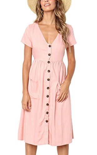 Angashion Women's Dresses-Short Sleeve V Neck Button T Shirt Midi Skater Dress with Pockets Pink