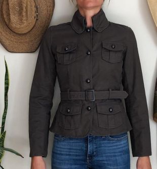 Preloved style de militaire léger de Dark Grey Country Road ceinturée recadrée veste.
