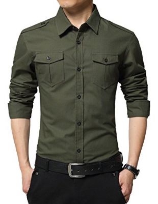 XTAPAN Men's Long Sleeve Casual Slim Fit Button Down Dress Shirt with Two Pockets Army Green 4XL 6620