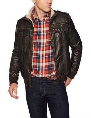 Levi's Men's Deer Faux Leather Sherpa Lined Aviator Bomber, vintage brown, Large