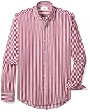 BUTTONED DOWN Men's Slim Fit Supima Cotton Spread-Collar Dress Casual Shirt, Burgundy/White Large Bengal Stripe, XL 32/33