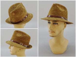 vintage Suede Leather Stetson Fedora Hat, Mens Trilby Style, Brown Leather Band with Buckle - Rayon Liner, Size Small 6 7/8 Made in USA