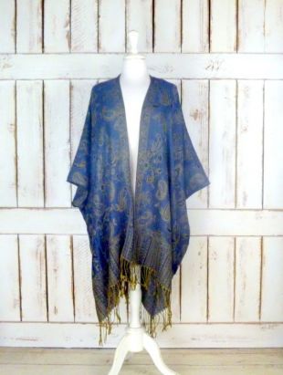Cardigan Poncho Vintage Femme – Tissé Acrylique, Col Avec Franges, Boutonnage Devant