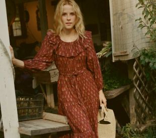 Doen Plumeria Floral Block Imprimé Midi / Robe à  volants et épaules dénudées