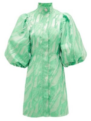 Crystal Button Puff Sleeve Satin Jacquard Dress