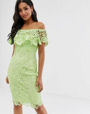 bardot lace pencil dress with frill detail in lime