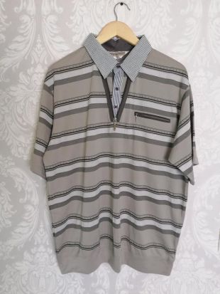 vintage Striped Polo Shirt Mens / Beige Brown Strip Polo Shirt with Collar / Short Sleeve Shirt / Size Large / vintage Clothing Men