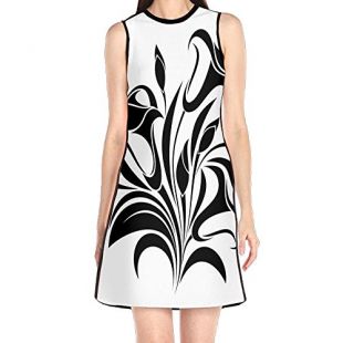 Abstract Flower Vector Black Silhouette Women's Sexy Sleeveless Mini Dress Print Party Dress Tank Dress
