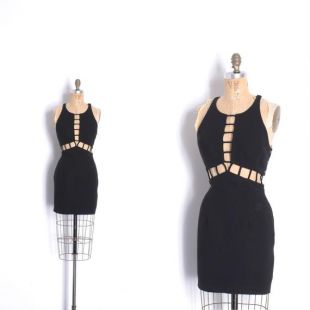 Vintage 1990s Robe / 90s Bodycon Cutout Mini Dress / Black ( XS S )