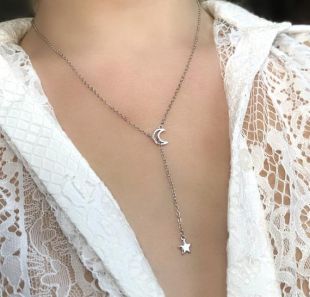 Moon Star Necklace, Lariat Necklace, Sterling Silver Lariat Necklace, Dangle Necklace, Ajustable Necklace, Choker, Cadeau