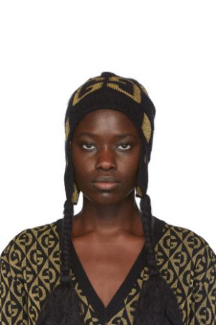 Black & Gold Knit GG Pompom Beanie