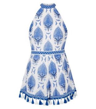 Combishort bleu en dentelle à motif feuilles et à pampilles