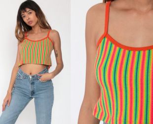 Y2K Tank Top 90s Neon Crop Top Spaghetti Strap Tank Top Lime Green Striped Shirt Sleeveless Bodycon 1990s Tank Top 00s Shirt Medium