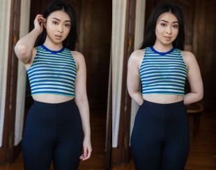 Neon Mesh Rayé Crew Neck Crop Top Small