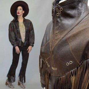 Vintage Real Leather Patina Shabby Eyelet Perlet Studded Indian Native Navajo Ethnic Festival Biker Blouson Veste Cape Wrap Batwing Aviator