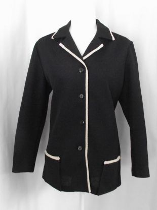 1960's-70's Black White Trim Button Front Two Pocket Jacket Rayon Blazer Taille 2XL/18 Resort Casual Cottage Chic Wedding Professional Mod