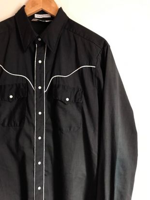 80's L Tall Black Sundance Career Club Long Sleeve Western Shirt w/ White pipeing Trim and Snap Buttons / VLV