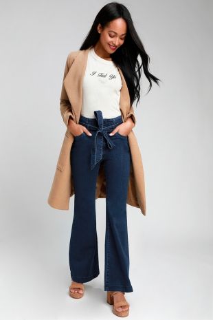 Kylee Dark Wash High Waisted Self Tie Wide-Leg Jeans