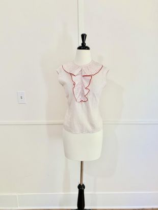 Vintage 1950's White Cotton Top with Red Polka Dots and Ruffle Collar / VOLUP / 40" Bust and 36" Waist / Buttons down the back