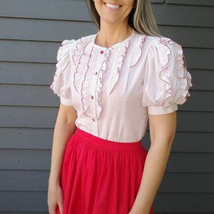 POLKADOT RUFFLE BLOUSE 1980s 80s manches soufflées S (G10)