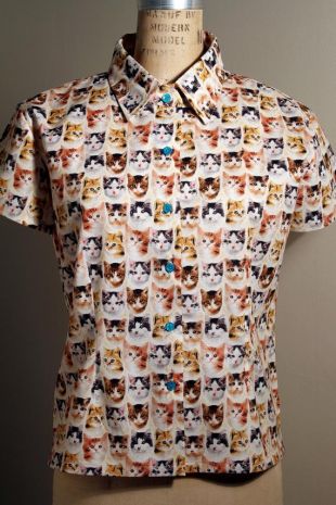 Tiny Cat Faces Printed Cotton Button Down Short Sleeve Shirt Blouse