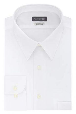 Van Heusen Men's Poplin Regular Fit Solid Point Collar Dress Shirt, White, 17" Neck 34"-35" Sleeve