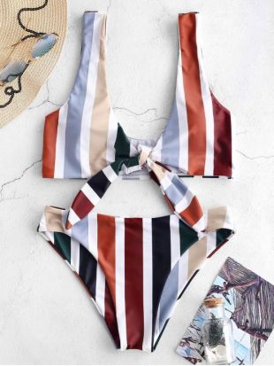 ZAFUL Colorful Striped Tie Front Bikini Set   MULTI MULTI-B