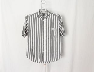 Chemise rayée grise Homme Moyen Unisex Femme vintage Short Sleeve Button Up Brittania Horizontal Stripe