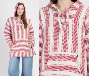 90s Rouge - White Striped Drug Rug Hoodie - Grand Vintage Mexicain à capuchon rayé Baja Jerga Sweater
