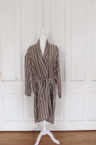 Vintage 1970's Cloth Bathroom Robe - Rayé Brown Blue White Vertical Vertical Unisex Long Sleeve Lounge Robe - Ties at Waist - Taille Large