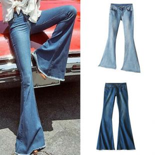 Women's Denim Jeans High Waist Bell Bottom Pants Flared Wide Leg Long Trousers | eBay