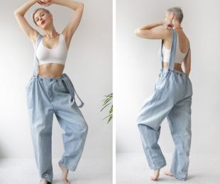 Unisex vintage bleu clair coton denim bretelle sangle combinaison souverse romper combinaison