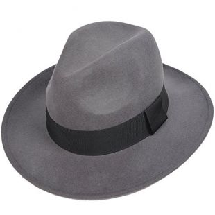 Wool Felt Wide Brim Fedora Hats for Women Men Grey