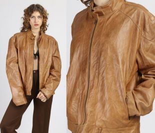 80s Tan Leather Italian Cafe Racer Jacket - Hommes XL (fr) Vintage Unisex Zip Up Manteau