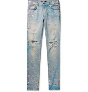Skinny-fit Distressed Paint-splattered Stretch-denim Jeans - Light denim