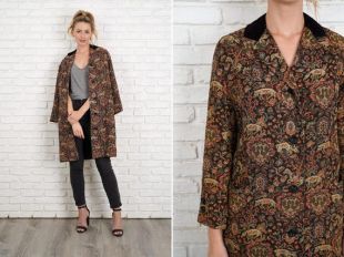 Vintage 70s Tapestry Coat Floral Baroque Animal Print Black Velvet Medium