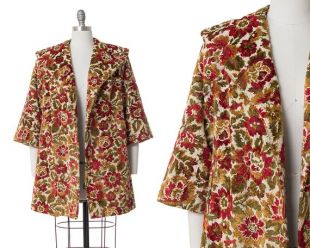 vintage des années 1960 Swing Coat (fr) Tapis floral des années 60 Tapis rouge Moutarde jaune Green Shawl Collar Jacket (petit/moyen)