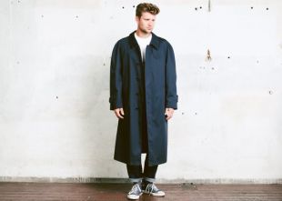 90s Hommes Trench Coat . vintage Navy Blue Rain Coat Topcoat vintage Long Jacket Raglan Sleeves Outerwear . taille XXL
