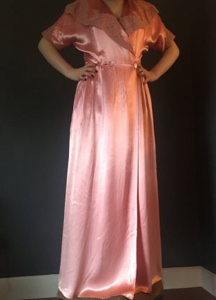1930hollywood Glam vintage Satin Dressing Gown , Sexy, One of a Kind Hand Made Silk Dress, Dentelle Trim, Pink Silky Maxi Dress
