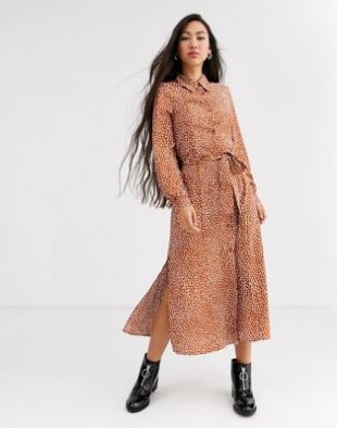 Dot Print Tie waist Midi Shirt Dress