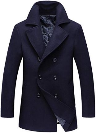 chouyatou Men's Classic Notched Collar Double Breasted Wool Blend Pea Coat (Large, Dark Blue)