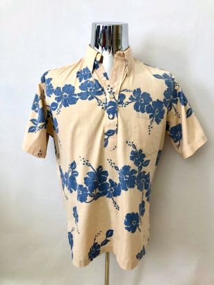 vintage Men's 80's Reyn Spooner, Hawaiian Shirt, Beige, Blue, Short Sleeve, Button Down, Floral (L)