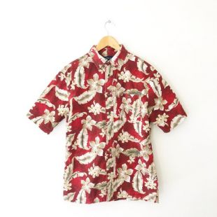 Vintage Oversized Red and Beige Hawaiian Floral Print Short Sleeve Button Up Shirt, 100% Cotton, Taille S