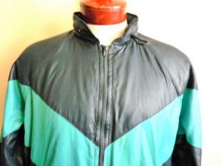vintage 80 90's La Mode couleur bloc bleu bleu bleu sarcelle chevron zip jusqu'à veste en nylon hommes femmes unisexe raglan manche à capuchon