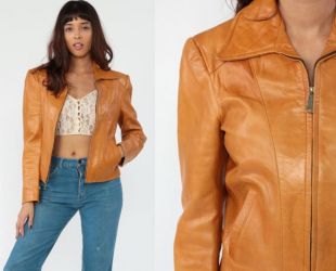 70s Veste en cuir Moto Caramel Brown Coat Boho Hippie 1970s Vintage Hipster Zip Up Motorcycle Bomber Jacket Collared Mexican Small
