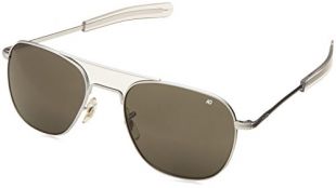 AO Eyewear American Optical - Original Pilot Aviator Sunglasses with Bayonet Temple and Matte Chrome, True Color Grey Glass Lens